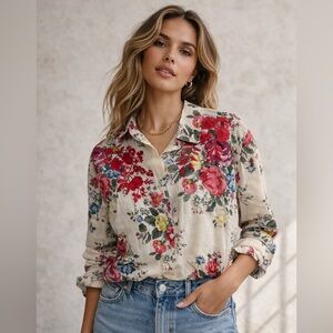 B99. Floral Button-Up Blouse with Red Embroidered Detail